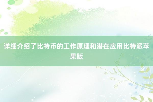 详细介绍了比特币的工作原理和潜在应用比特派苹果版